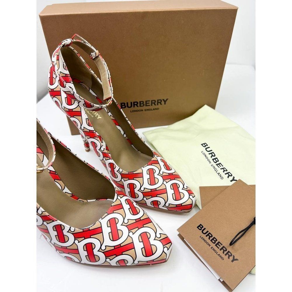 NWT BURBERRY Runway Red & Beige TB Monogram Logomania Ankle Strap Pumps … - Picture 10 of 13